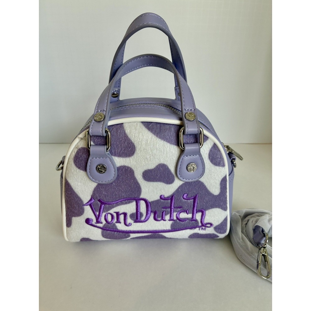 VON DUTCH~ Purple & White Cow Print Vegan Pony Hair Bag + Strap NWT